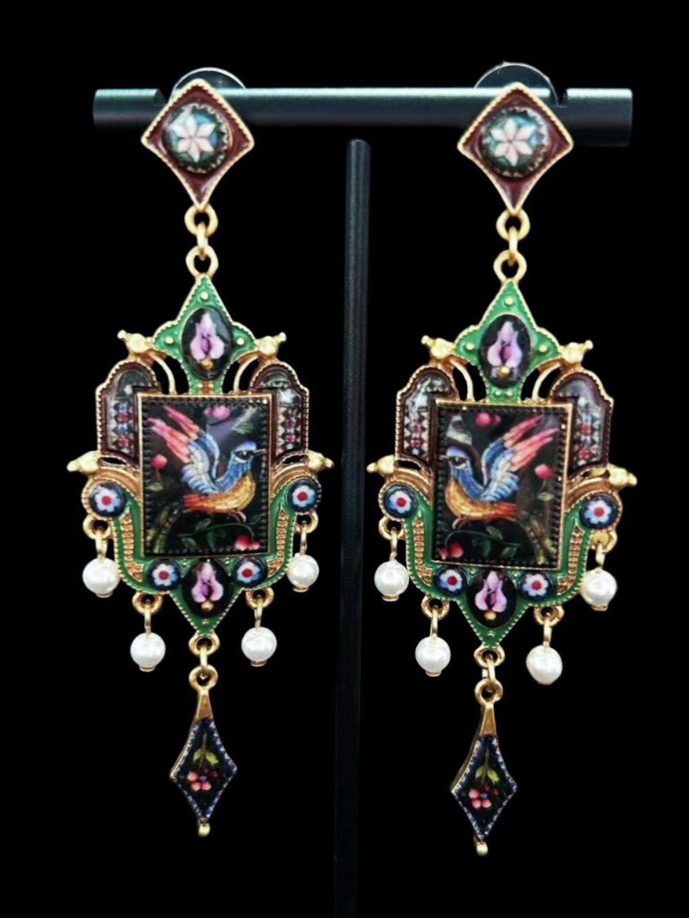 Hand Painted Vintage Cloisonné Style Bird Enamel Pearl Drop Statement Earrings